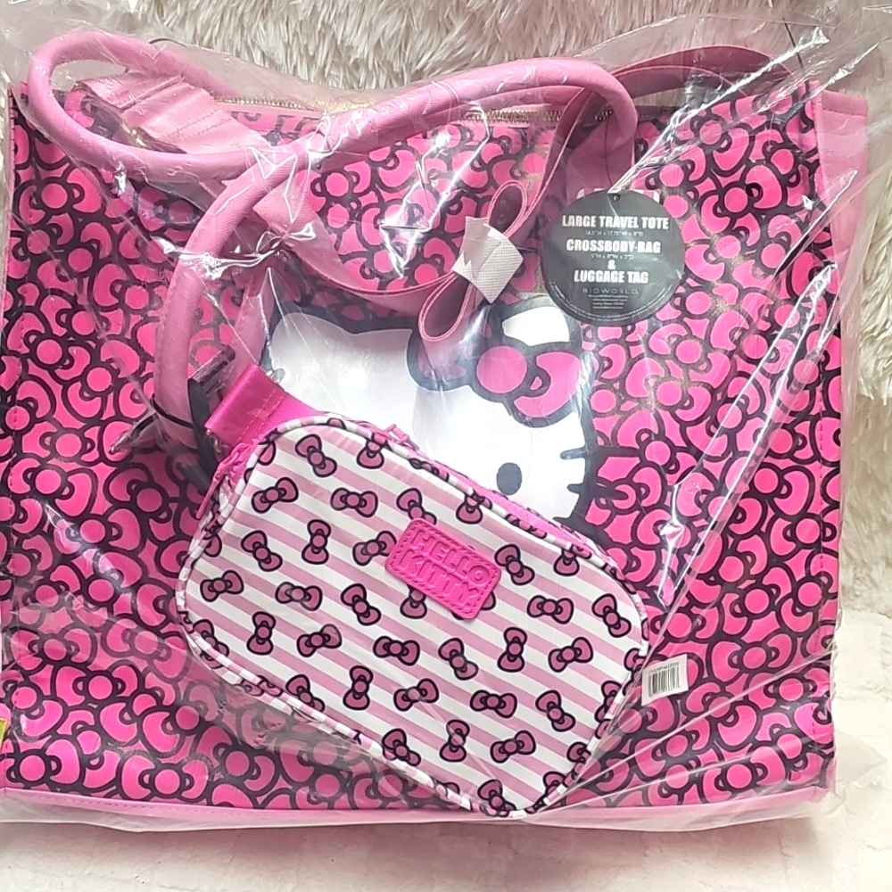 Hello Kitty 3-Piece All-Over Print Travel Tote Set Crossbody Bag Sanrio